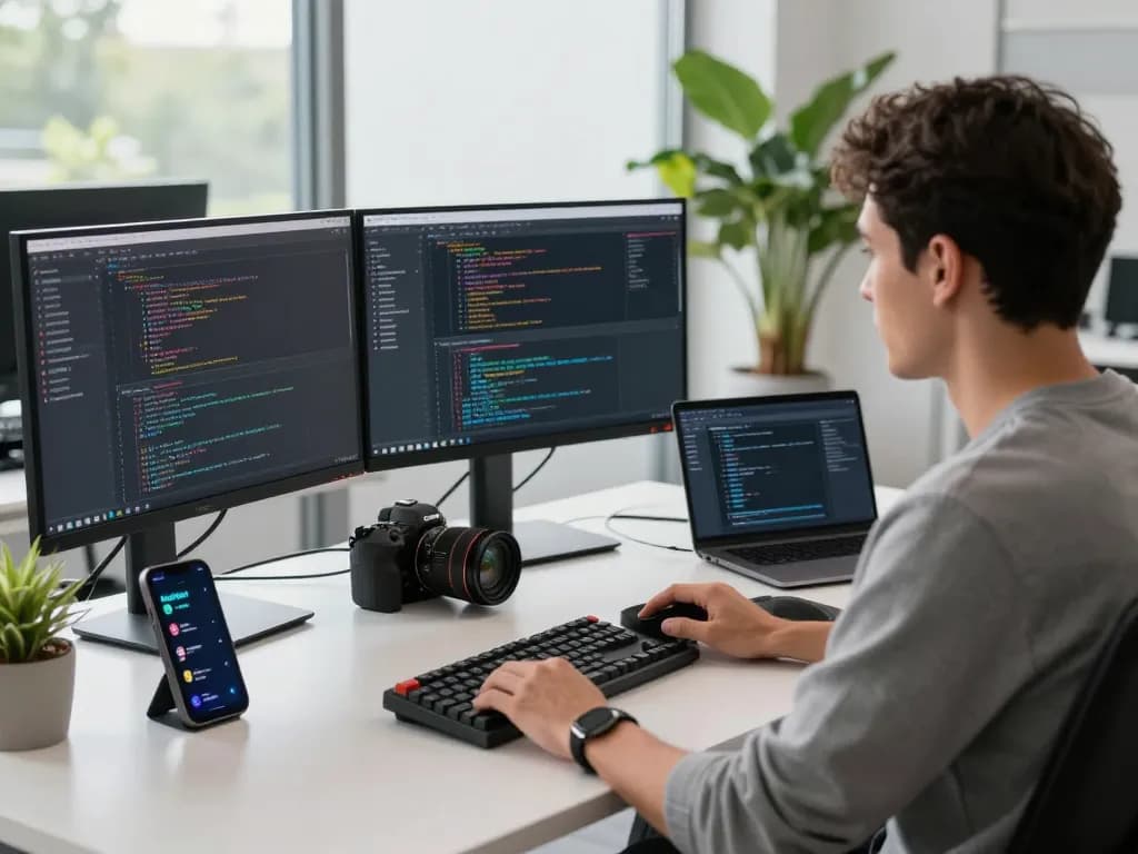 Moltbot user coding in a modern workspace with multiple screens and tech tools, creating an efficient digital assistant environment.