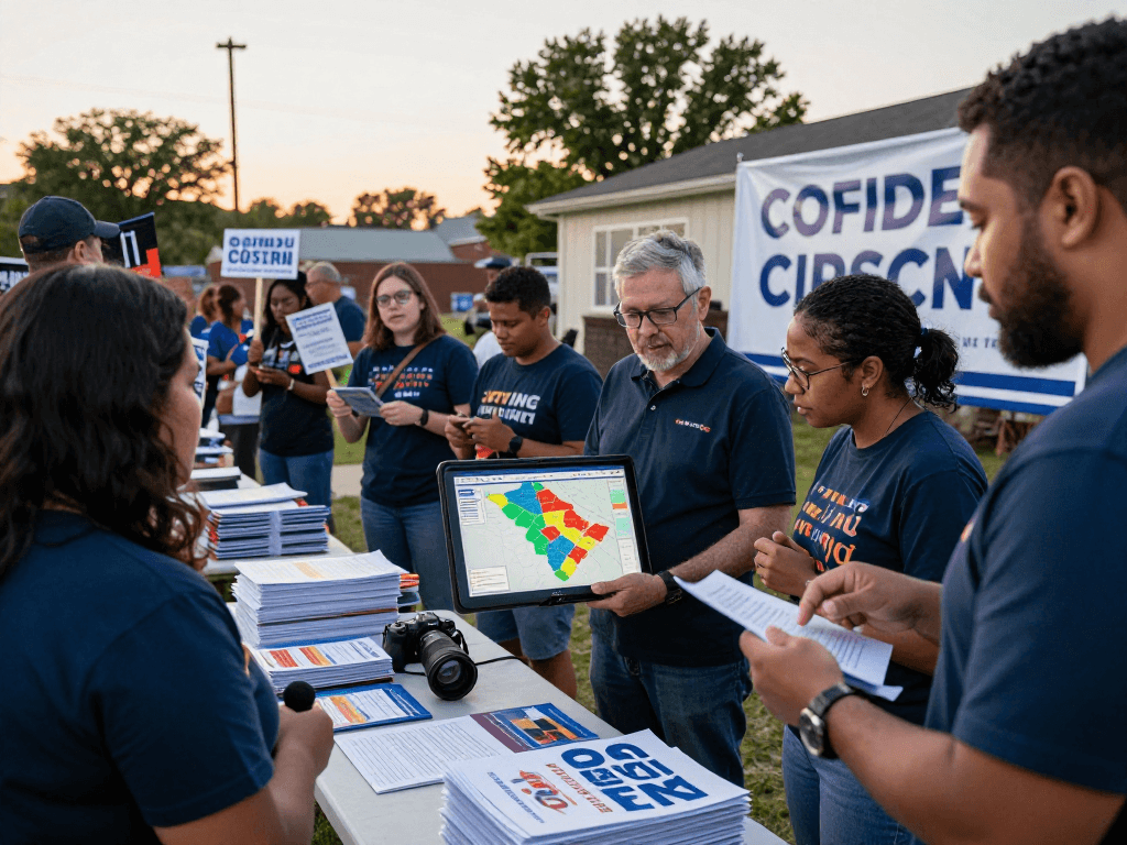 Engaging political campaign team discussing strategies while showing text to donate for campaigns sign.
