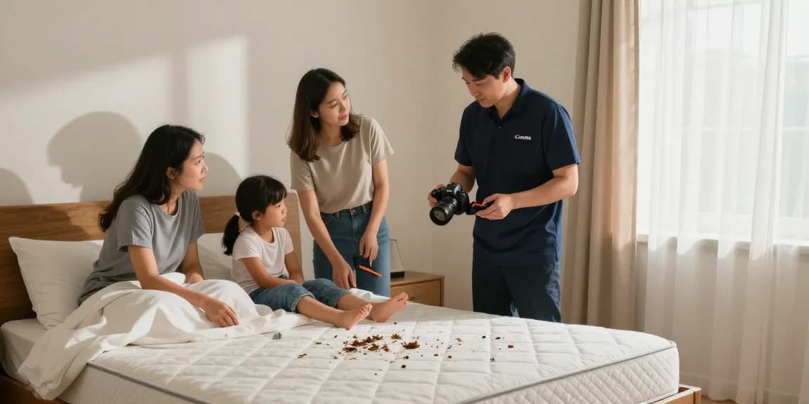 Family engaging in bed bug removal preparation with an exterminator