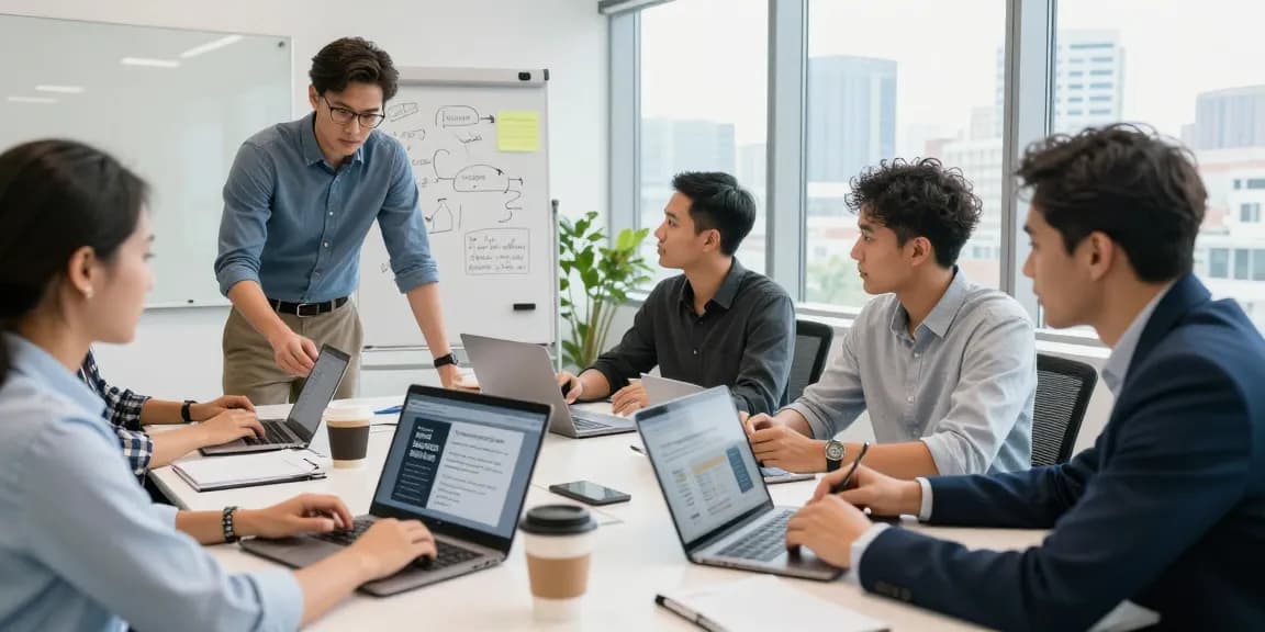 Promote your servises startups in a dynamic business meeting with diverse professionals collaborating around a conference table.