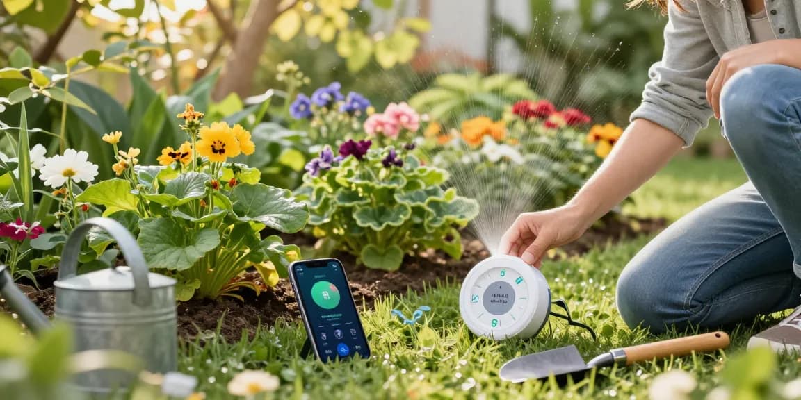 Using a rainpoint sprinkler timer to automate watering in a vibrant garden, optimizing growth.