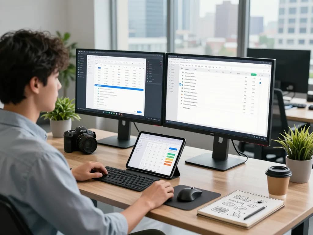 Explore tech gadgets for productivity in a modern workspace with dual monitors, notes, and plants.