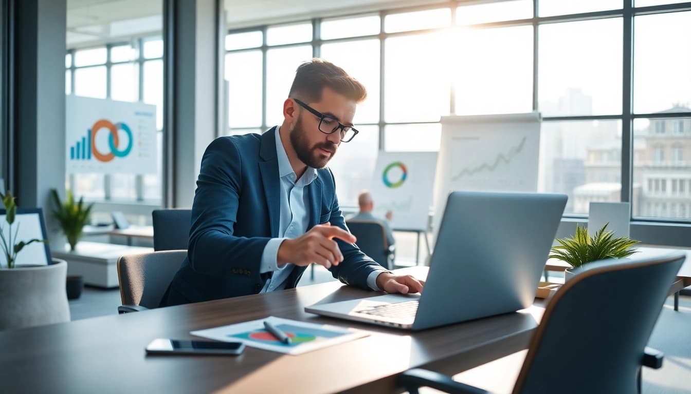 Analysing data on https://alvionz.de/ in a modern office, showcasing a digital marketing consultant at work.