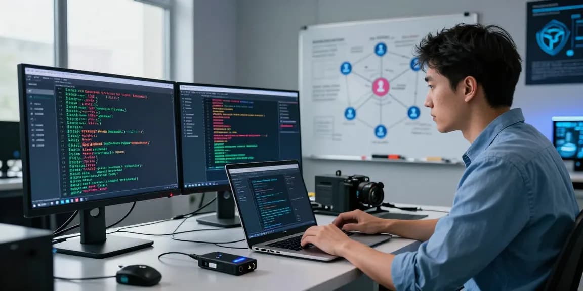 Cybersecurity expert analyzing blockchain data to recover stolen cryptocurrency in a tech lab.