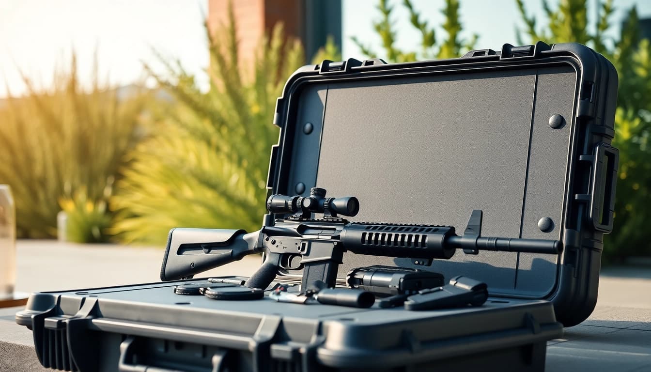 Showcase of a Pelican gun case for sale with rifle and accessories in a bright outdoor setting.