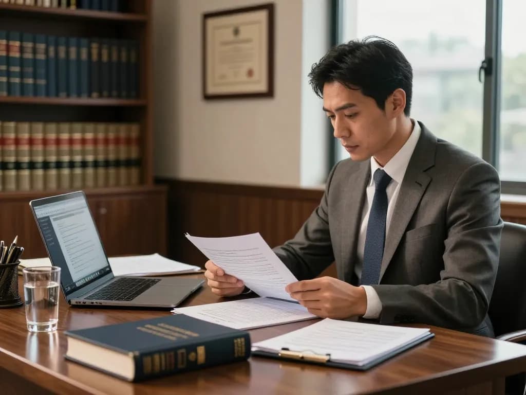 Legal services USA office scene with attorney reviewing case files in a professional setting.