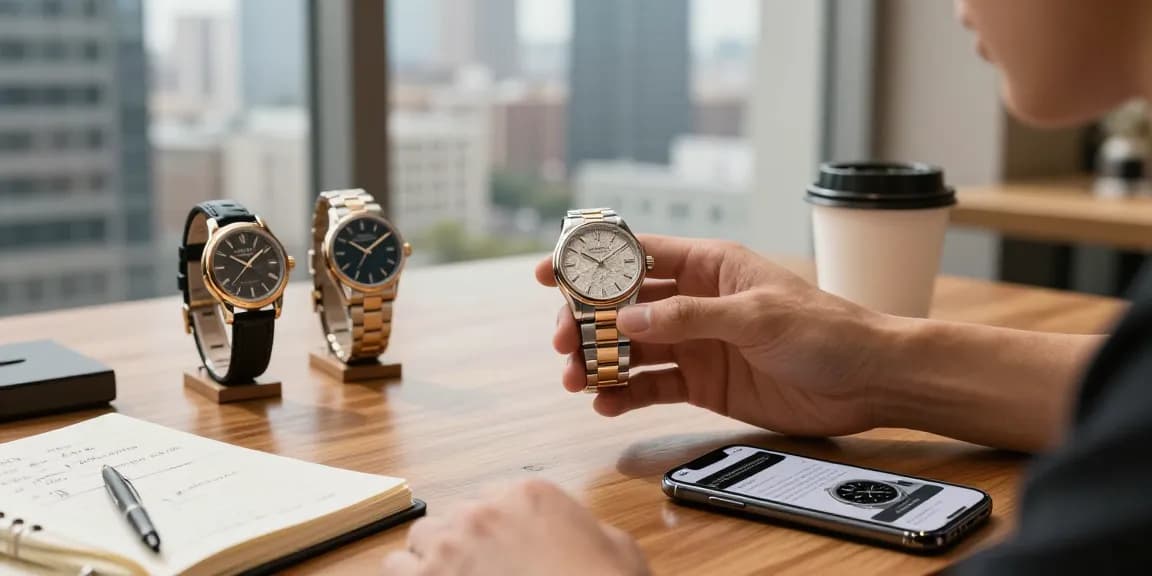 Admiring replica watch details in a stylish urban setting with expert insights.