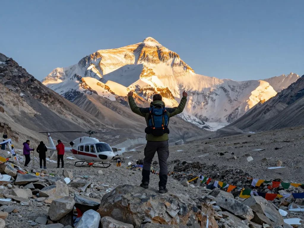 Everest Base Camp Trek with Helicopter Return showcasing a triumphant traveler against breathtaking Himalayan backdrop.