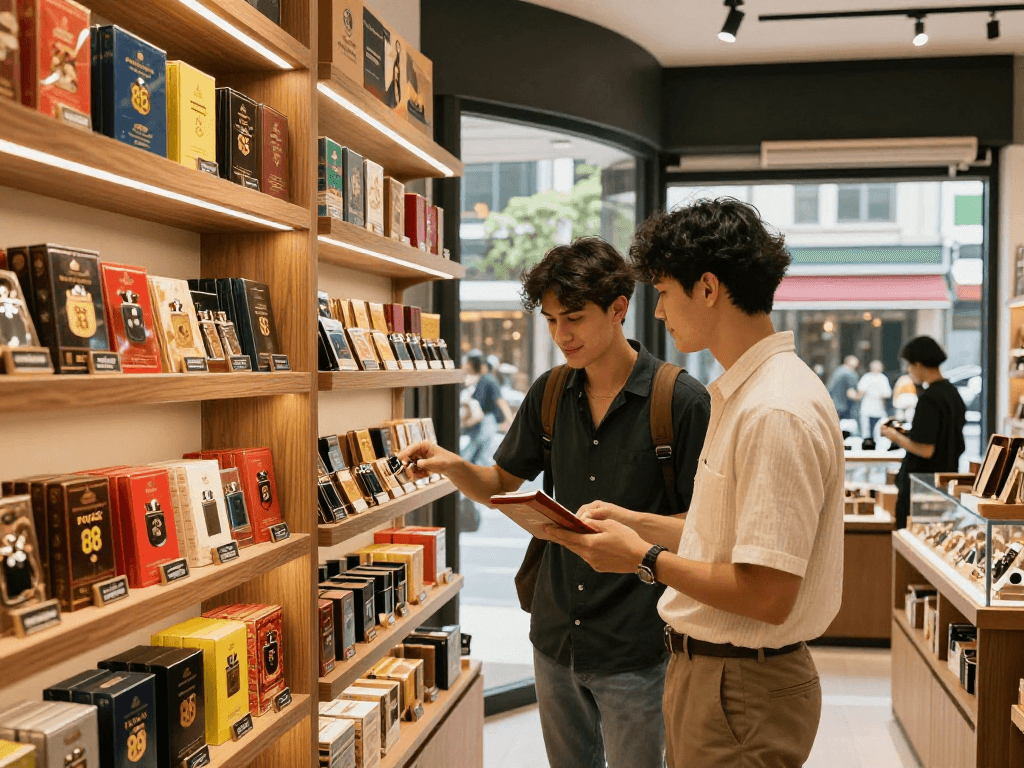 Couple examining premium rokok 88 tobacco products in a stylish shop