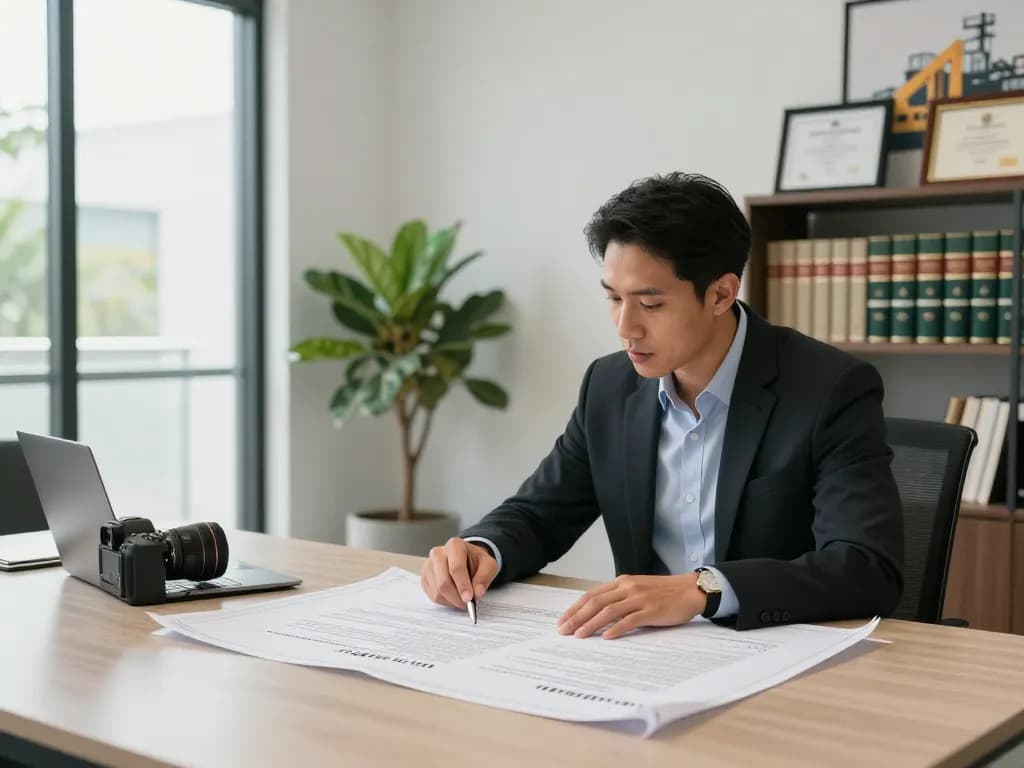 Boca Raton Construction Litigation Lawyer assisting contractor with legal documents in a modern office.