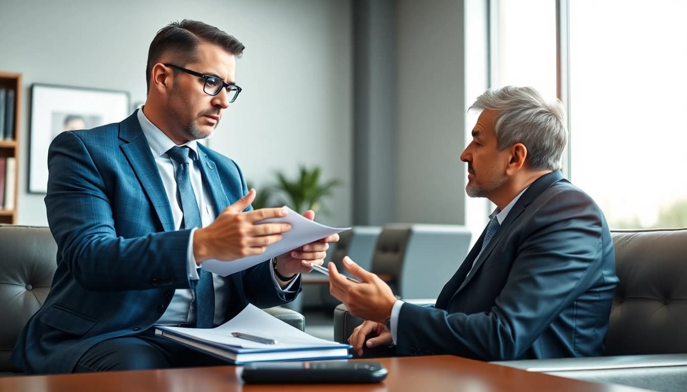 Clearwater truck accident lawyer offering legal guidance to a distressed client in a law office setting.