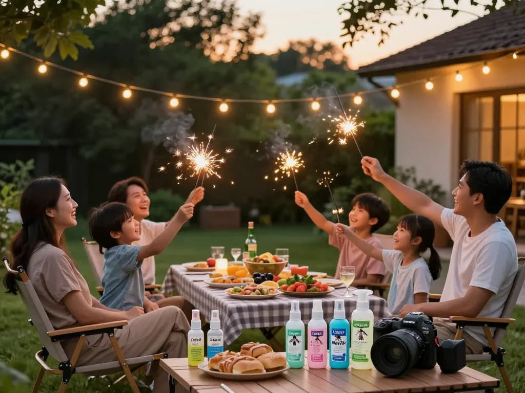 Family enjoying outdoor picnic with Best Mosquito Repellent products visible in a sunny backyard.