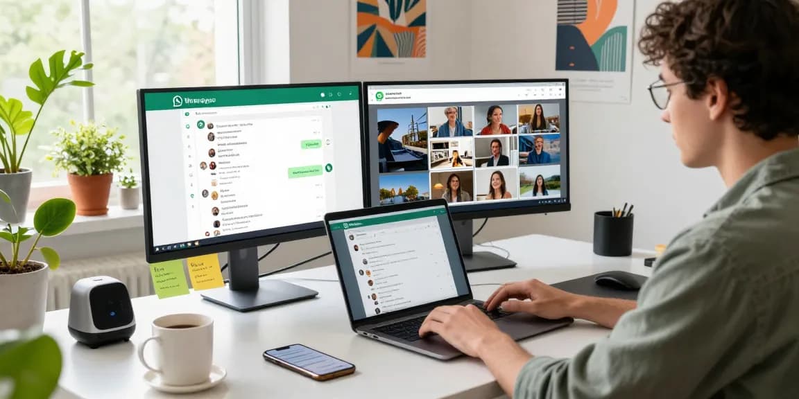 Person accessing WhatsApp網頁版 on a modern desk with dual monitors, bright workspace.