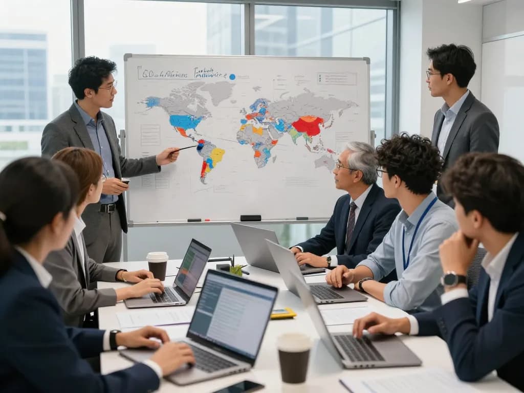 Team analyzing data on rising global tensions in a collaborative workspace