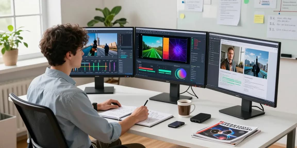 Data scientist using an ai detector in a bright workspace, showcasing AI analysis with screens displaying detection results.