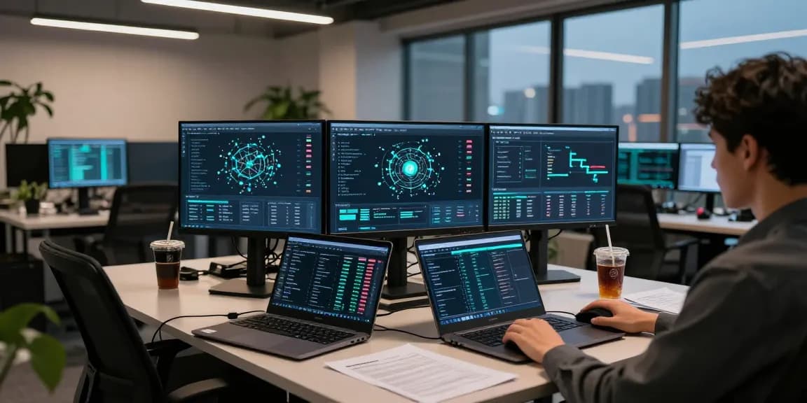 Crypto mining platform workspace showcasing blockchain statistics and wallet interface in a modern office setting.