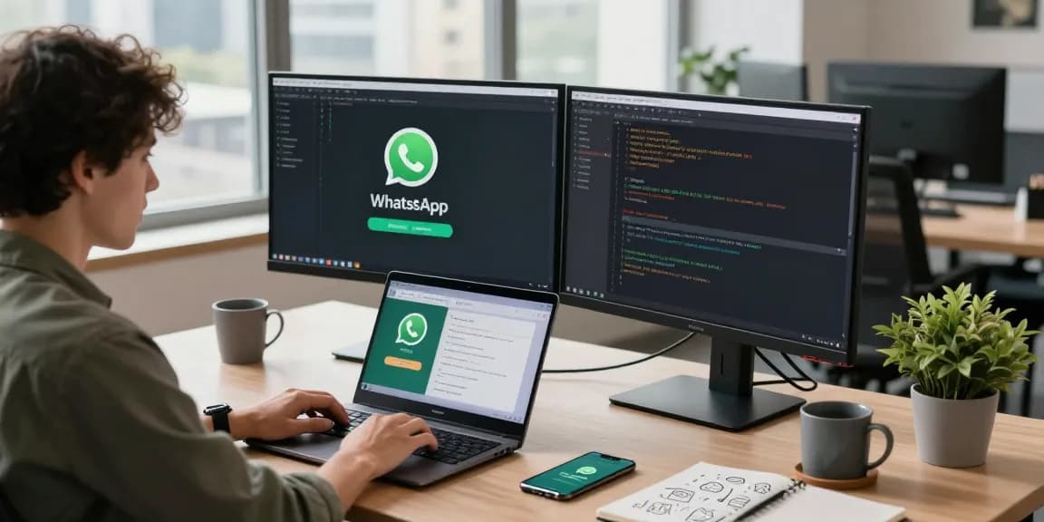 Developer using WhatsApp網頁版 on dual monitors in a bright tech workspace.