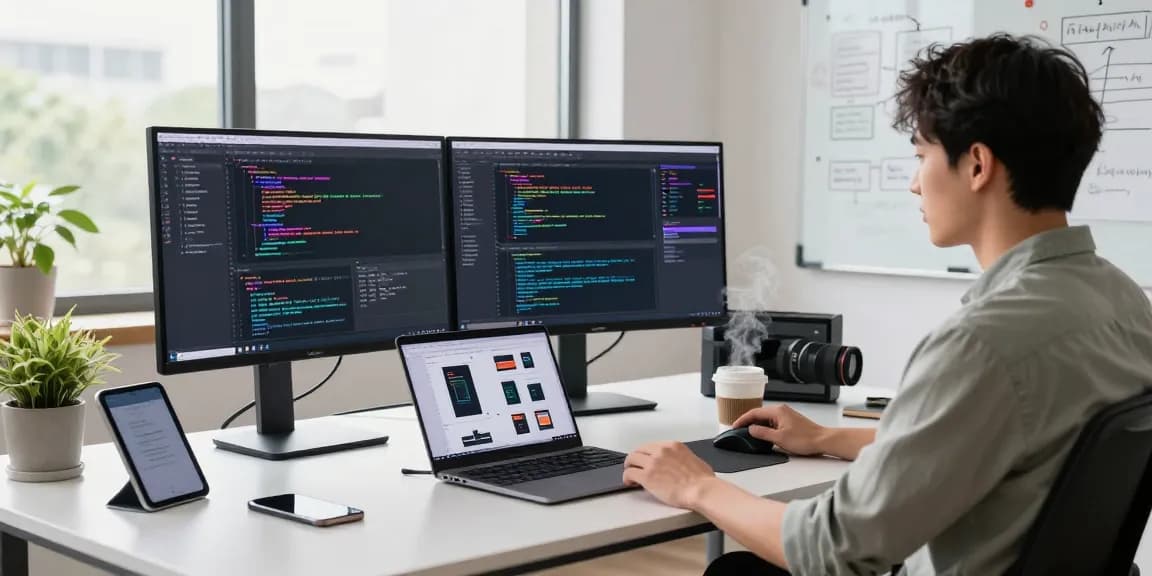 Developer at a modern workspace with dual monitors coding on telegramin-cn.com project, showcasing tech environment.