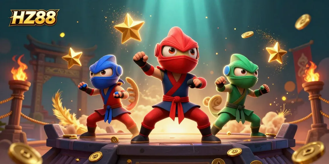 Win exciting rewards at HZ88 with vibrant casino-themed 3D illustration featuring ninja chameleons.