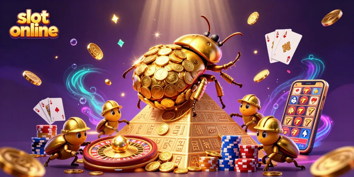 Experience thrilling slot online action with massive golden dung beetles amidst cascading coins and vibrant symbols.