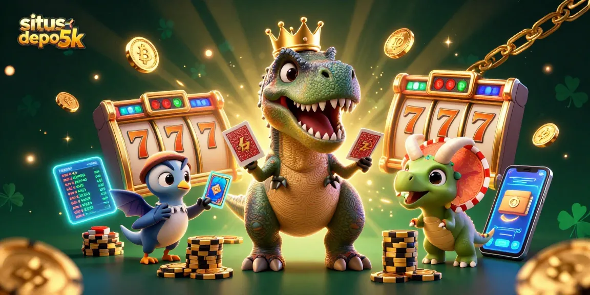Melihat situs depo 5k dengan T-Rex bersaing, pterodactyl mendukung, dan triceratops menumpuk chip emas.
