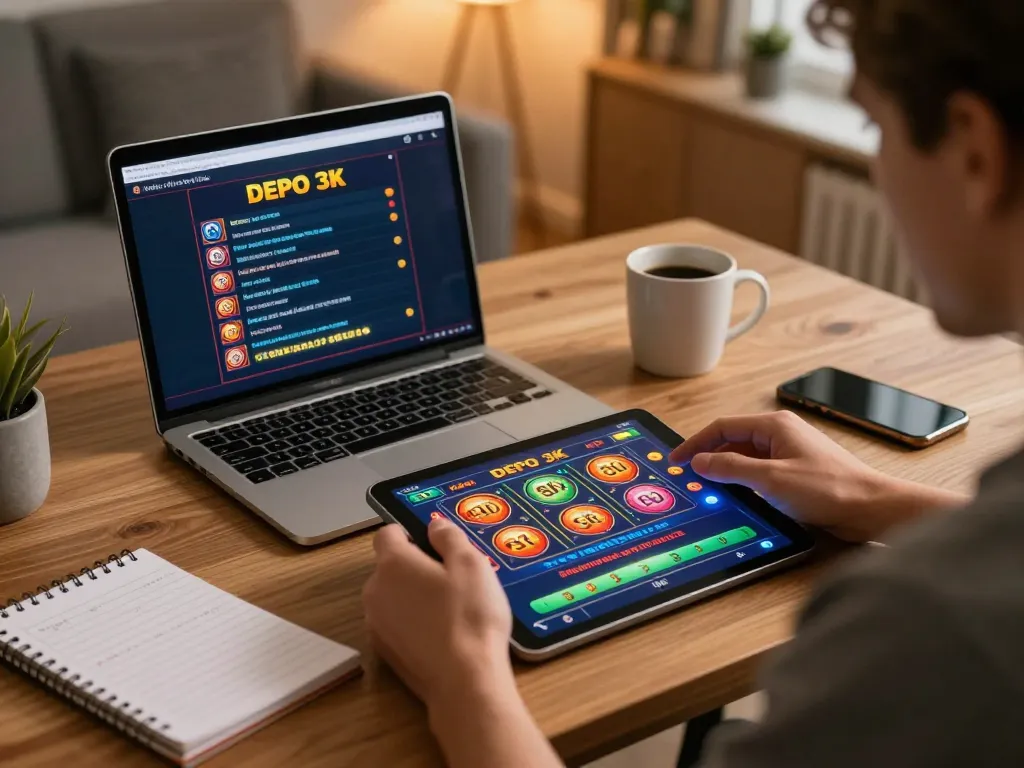 Engaging in slot depo 3k gameplay on a tablet, outlining strategic notes in a cozy home environment.