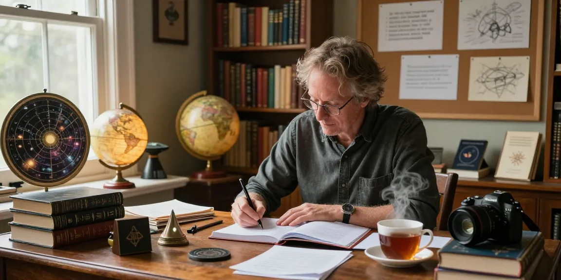 T Allen Greenfield writing in a library, reflecting on spirituality and UFO phenomena, viewable at https://tallengreenfield.com