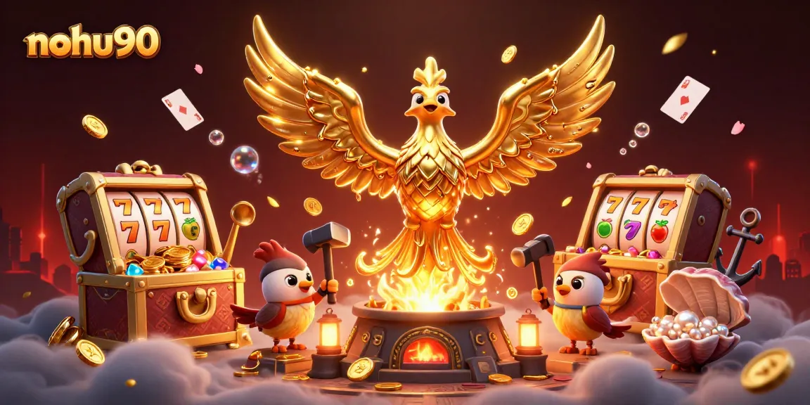 Nohu90 showcases an exciting atmosphere with a golden phoenix and vibrant casino elements for players.