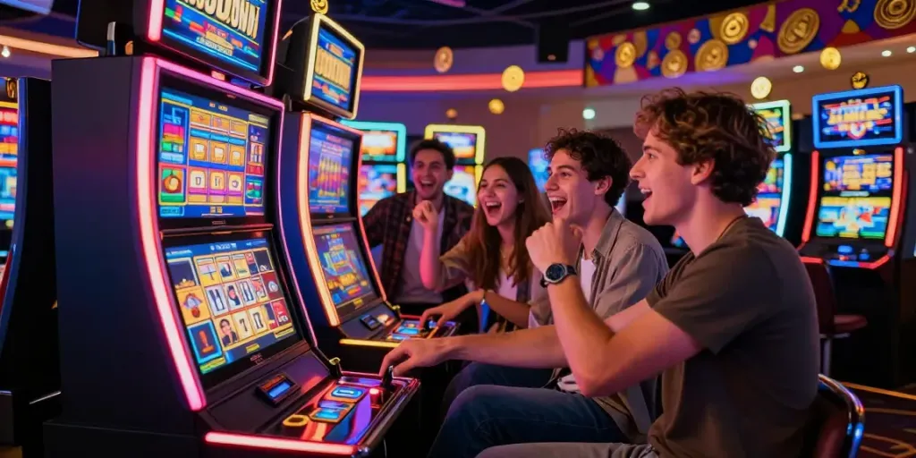 Slot777: Teman bersenang-senang di mesin slot kasino dengan suasana meriah.