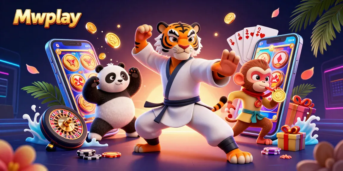 Experience thrilling gameplay with Mwplay through a vibrant 3D casino scene featuring cartoon characters and dynamic game elements.
