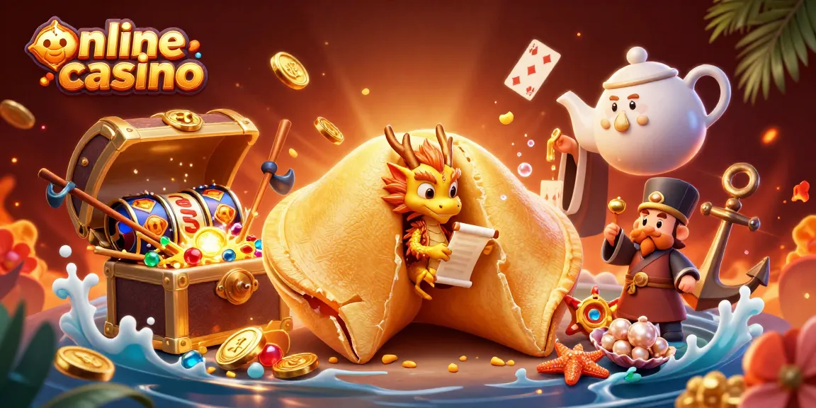 Experience thrilling gameplay at our online casino with vibrant characters and dynamic elements surrounding the fortune cookie.