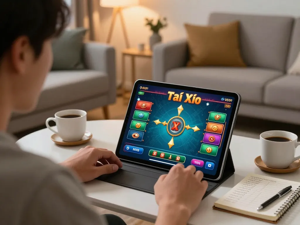 Tai Xiu Online gameplay on taixiuonline8 tablet in a cozy living room setting.