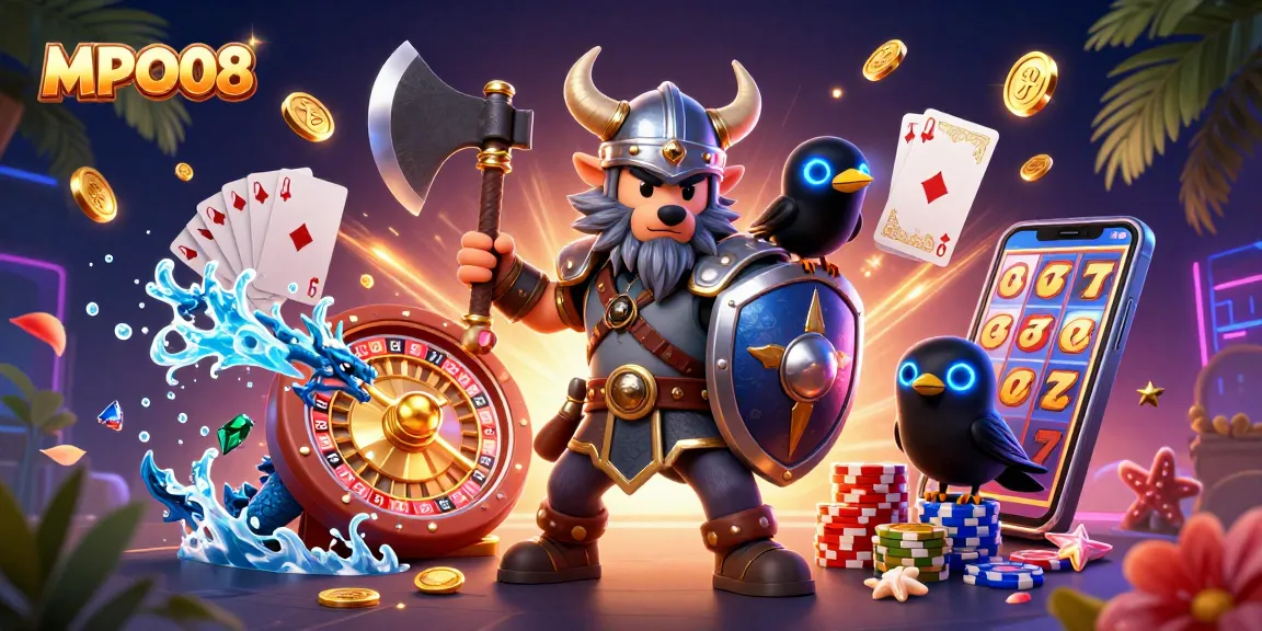 MPO08 engages players with a thrilling 3D cartoon illustration featuring a Viking wolf warrior and a fierce dragon amidst exciting casino elements.