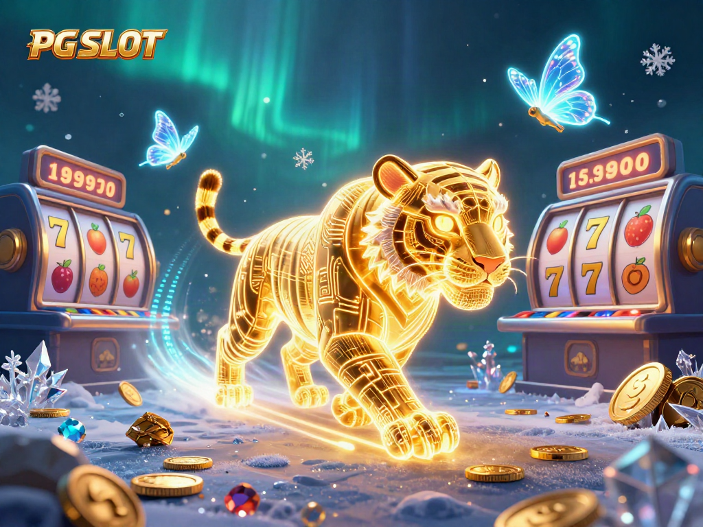 Experience PG SLOT excitement with a neon tiger amidst dynamic casino elements and rich visuals.