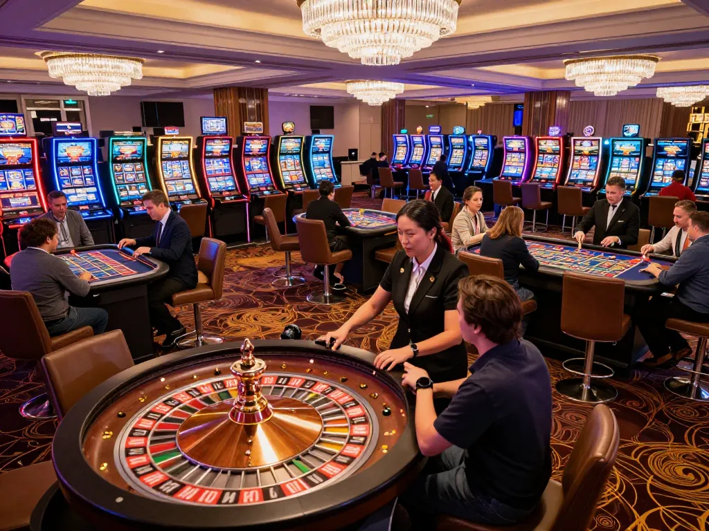 Roulette wheel spinning in an upscale casino, showcasing 566 gaming excitement and vibrant atmosphere.