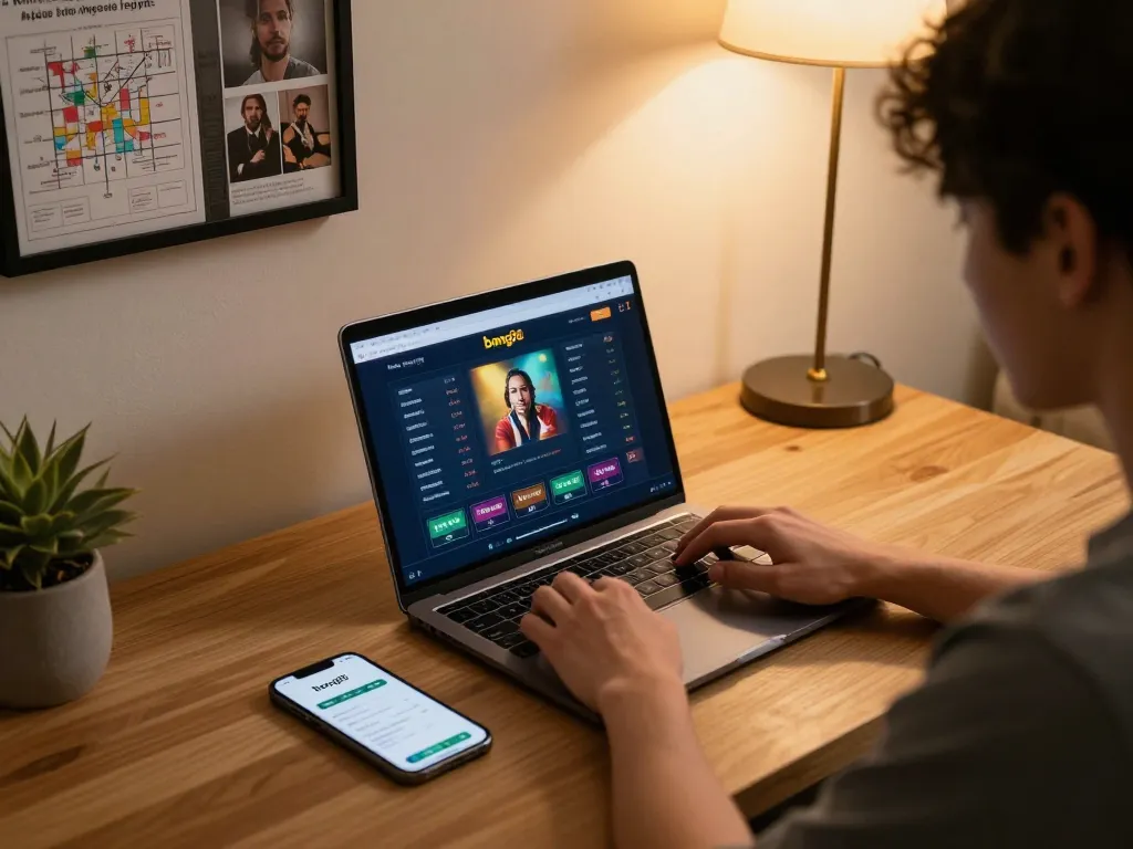 Bong88 player analyzing online betting interface on a laptop in a cozy home office.