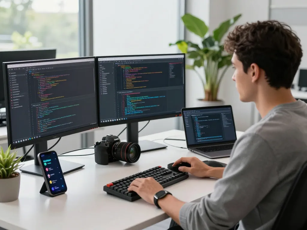 Moltbot user coding in a modern workspace with multiple screens and tech tools, creating an efficient digital assistant environment.