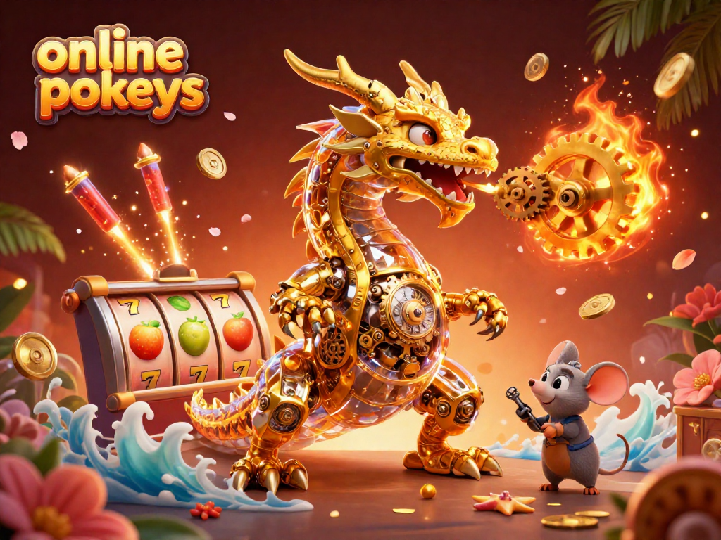 Engage with online pokies in vibrant 3D illustration featuring dragon and game elements.