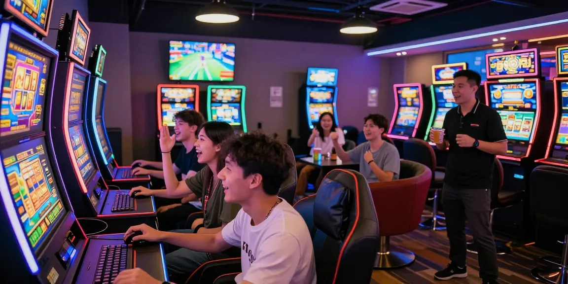 Pengalaman bermain di SUPER59 dengan pemain yang bersenang-senang di mesin slot dan suasana meriah.