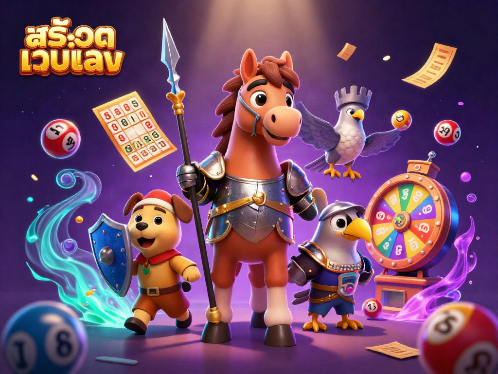 Engage with สล็อตเว็บตรง through vibrant lottery balls and a lively casino scene featuring knights and adventure.