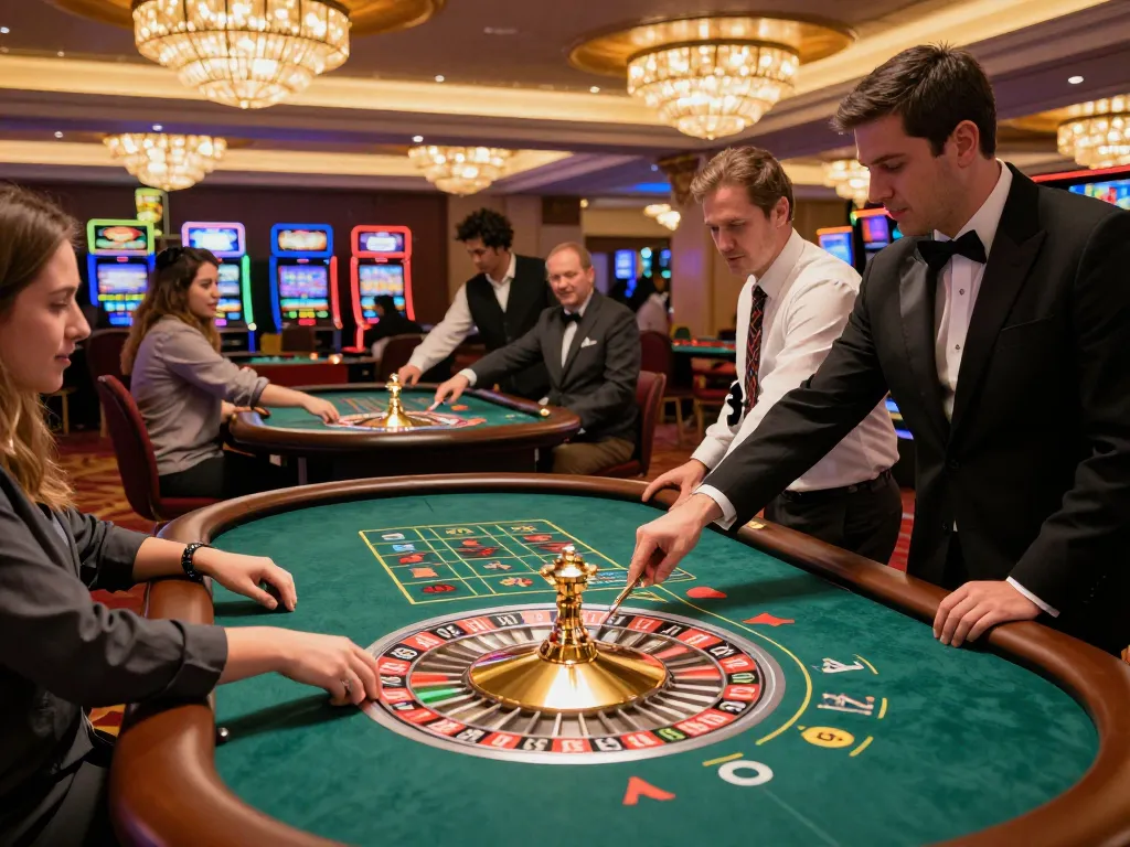 Players enjoy exciting roulette games at the lu88 casino, betting and watching the wheel spin.