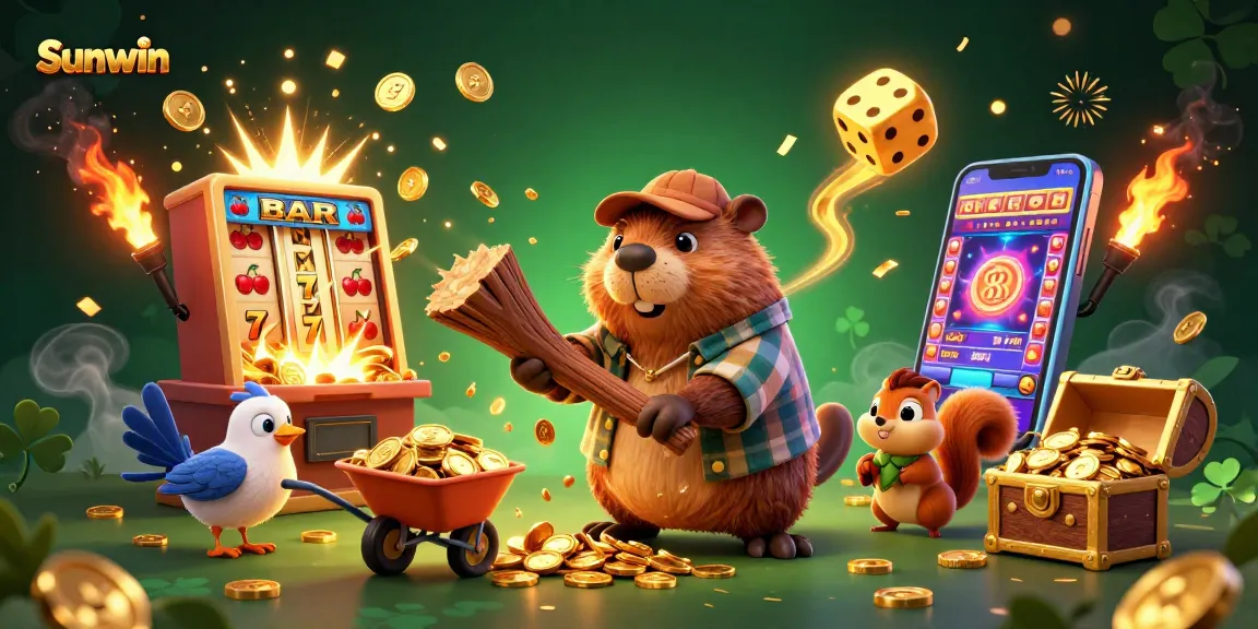 Experience thrilling wins with Sunwin's vibrant casino adventure featuring characters amid a golden jackpot.