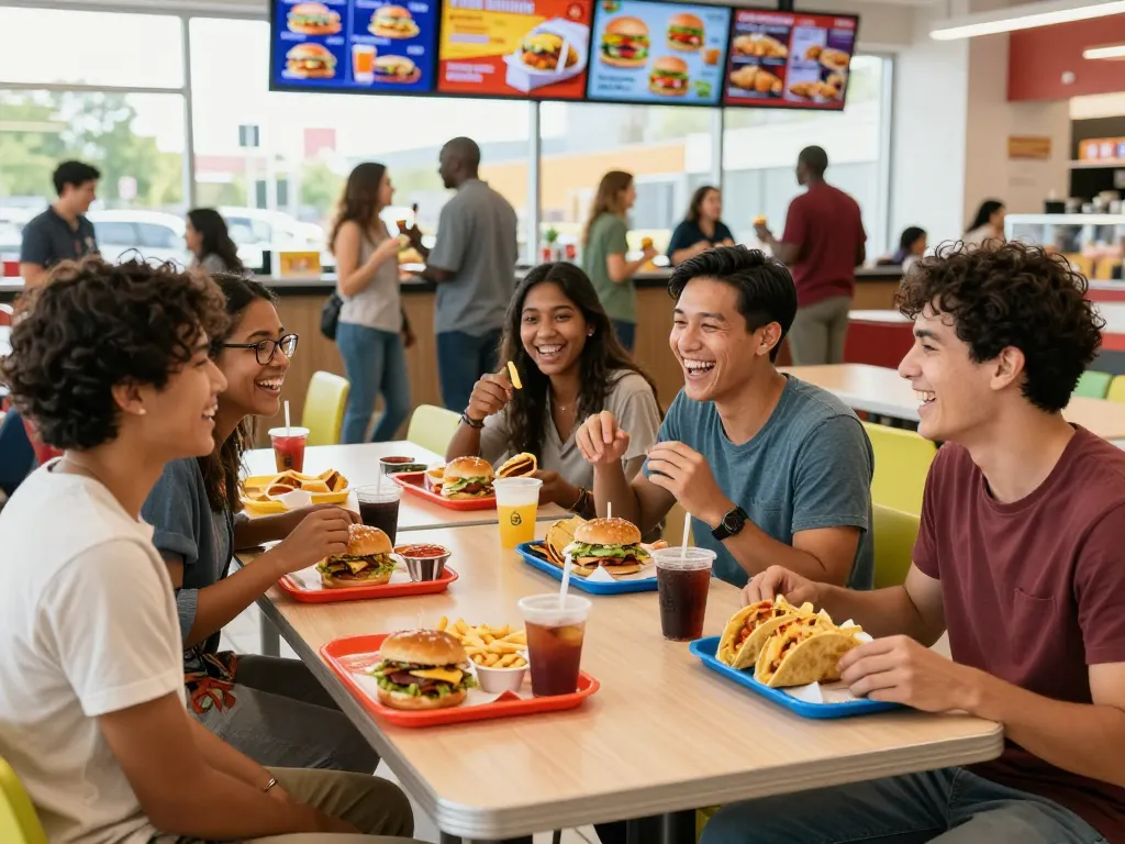 Exciting fast food menu selection displayed as diverse friends enjoy meals together.