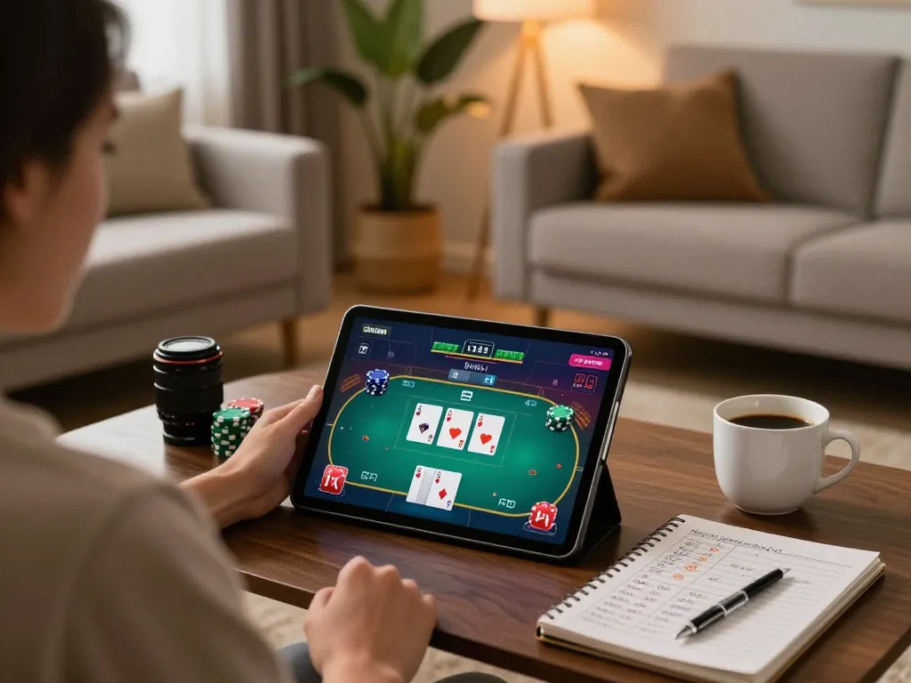 Engaging gaming scene showcasing 68gamebaivn player strategizing poker, tablet displaying game interface, cozy atmosphere