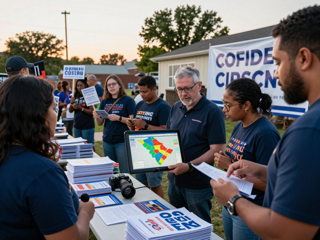 Engaging political campaign team discussing strategies while showing text to donate for campaigns sign.