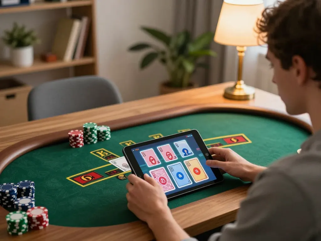 Engaging player focused on bk8 live dealer game interface during cozy home session.