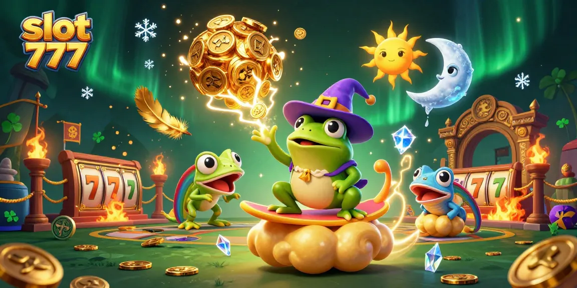 Spin to win with slot 777 surrounded by magical characters generating a fortune of golden coins.