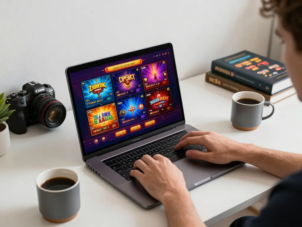 Engage with HARGATOTO online casino games on a sleek laptop in a stylish workspace.