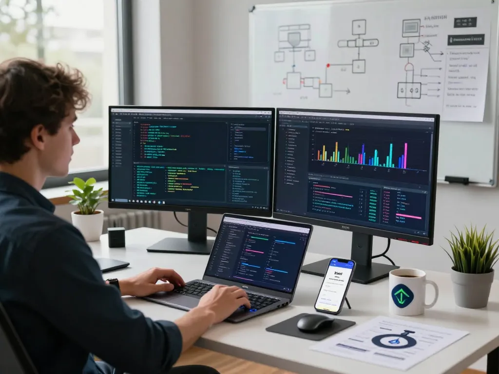 Developer at a tech workspace engaging with blockchain code on the IODeFi official website, showcasing innovation and productivity.