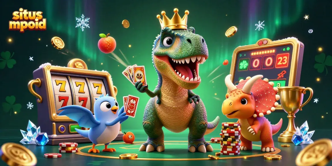 Situs mpoid showcases a T-Rex shuffling cards amidst vibrant slot symbols and casino chips.